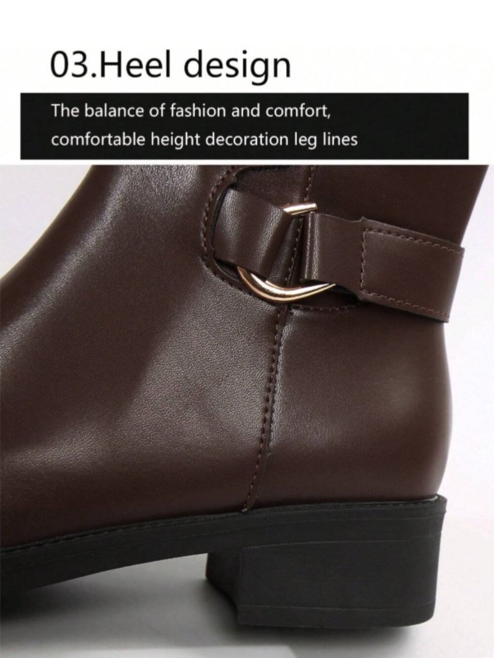 Women's Brown PU Leather Knee High Riding Boots Buckle Zip Equestrian Style Boot - Picture 7 of 9